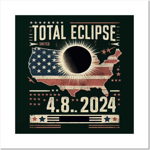 Total Solar Eclipse 2024 Totality Phases US American Flag T-Shirt Wall Art by Mapd